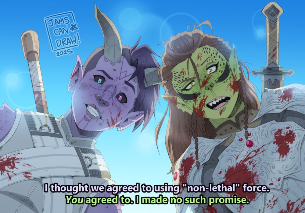Percy, a female purple tiefling with grey horns and white monk robes, standing beside Lae'zel from Baldur's Gate 3. Both are covered in blood and looking downward at the viewer with a bright blue sky behind them. Percy looks concerned and Lae'zel looks disapproving. Subtitles read Percy: I thought we agreed to using "non lethal" force. Lae'zel: you agreed to. I made no such promise.