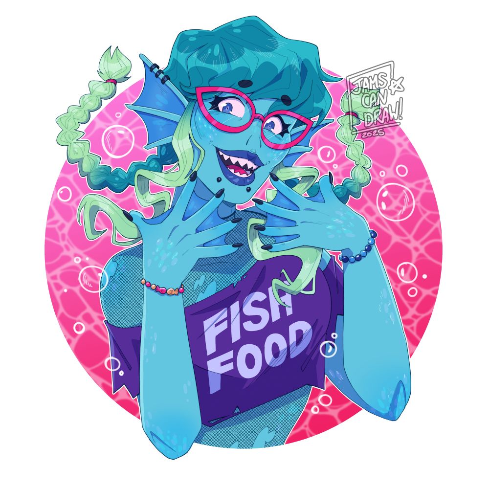 Digital drawing of a fish-monster girl with blue scaly skin, fins for ears and dark turquoise hair in braids that fades to pale green at the ends. She wears large pink glasses frames and has many piercings. Her purple t-shirt has "FISH FOOD" on it in white letters.