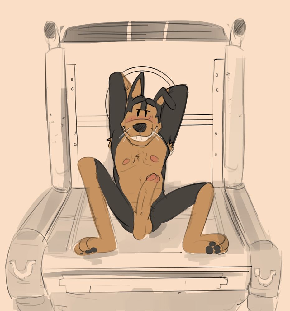 Buddy Thunderstruck is sitting casually on the back of his truck, legs spread open and showing off his long arousal, holding his arms up over his head to rest on and grinning at the viewer with a small blush.