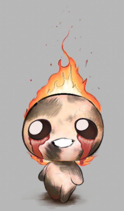 a simple drawing of a flaming gaper from The Binding of Isaac.
A 'flaming gaper' is a charred, badly burned, small, tan chibi creature. It is bleeding from the eyes, and it's head is currently on fire. It is looking at the camera with a tired grin.