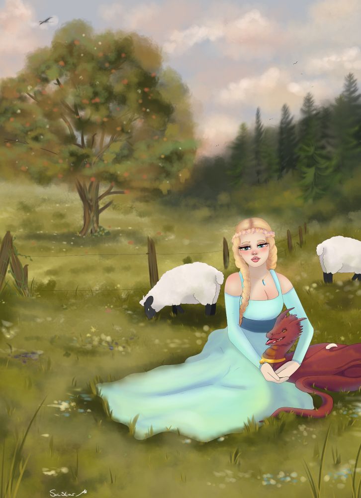 A girl sits in a sheep pasture with a small red dragon partially resting on her lap. Her blonde hair is in two neat braids. She wears a flower crown and a light blueish green dress. The dragon wears a bell collar. There are two sheep grazing behind them. Beyond the pasture fence their is another field with an apple tree inside. 