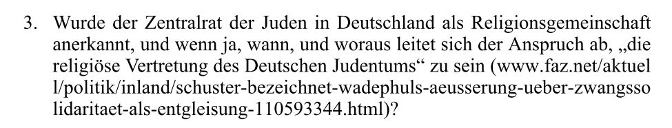 Wurde der Zentralrat der Juden in Deutschland als Religionsgemeinschaft anerkannt, und wenn ja, wann, und woraus leitet sich der Anspruch ab, „die religiöse Vertretung des Deutschen Judentums“ zu sein (www.faz.net/aktuell/politik/...)?