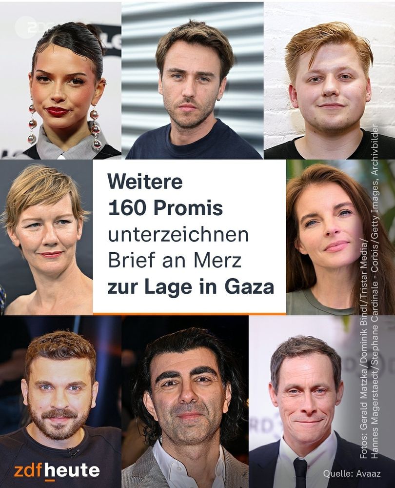 In der Mitte steht "Weitere 160 Promis unterzeichnen Brief an Merz zur Lage in Gaza", drum herum Fotos von Sebastian Hotz bzw. El Hotzo, Clueso, Edin Hasanović, Nina Chuba, Sandra Hüller, Fatih Akin, Yvonne Catterfeld, Marc Hosemann.

Unten links Logo von zdf heute. Unten rechts Quelle: Avaaz.