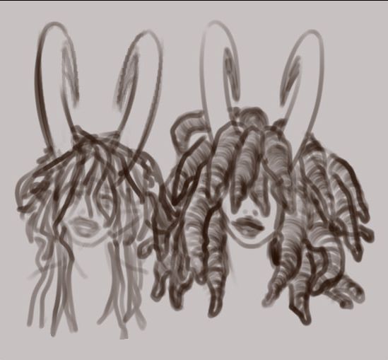 A couple of concept sketches of Journey, the tiefling. She's smiling with her head tilted in both and she sports a pair of large horns atop her head that curve backwards. In the first sketch she's got a loc mullet and in the second she's got thicker, freeform dreadlocs.