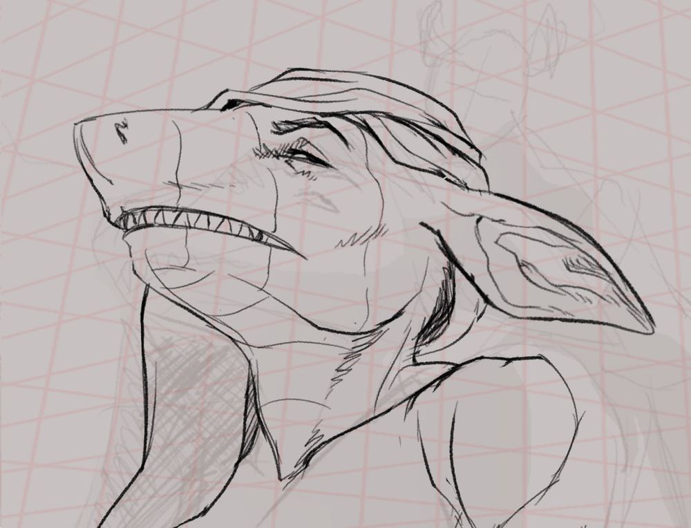 A more detailed closeup of the shark woman from the first image. She looks back vaguely threateningly at tge character on her back, unconsciously presenting her teeth. 