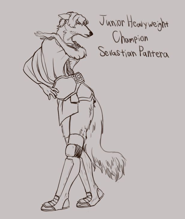 An early sketch of a borzoi dog man, Junior Heavyweight Champion Sevastian Pantera, posing gracefully and dramatically. He wears a toga with a championship title belt wrapped around his waist. Underneath the toga he wears a pair of short shorts that show off his fluffy thighs, cutting off at his knee pads and boots wrapped in kick guards. He looks down at the viewer pompously.