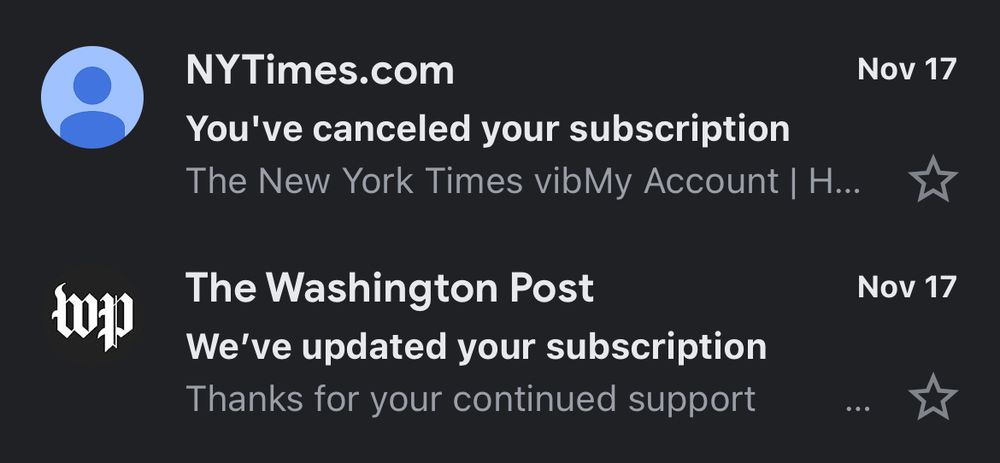 Screenshot from my Gmail inbox, which shows I canceled my NYTimes.com subscription and updated my subscription to the Washington Post. 