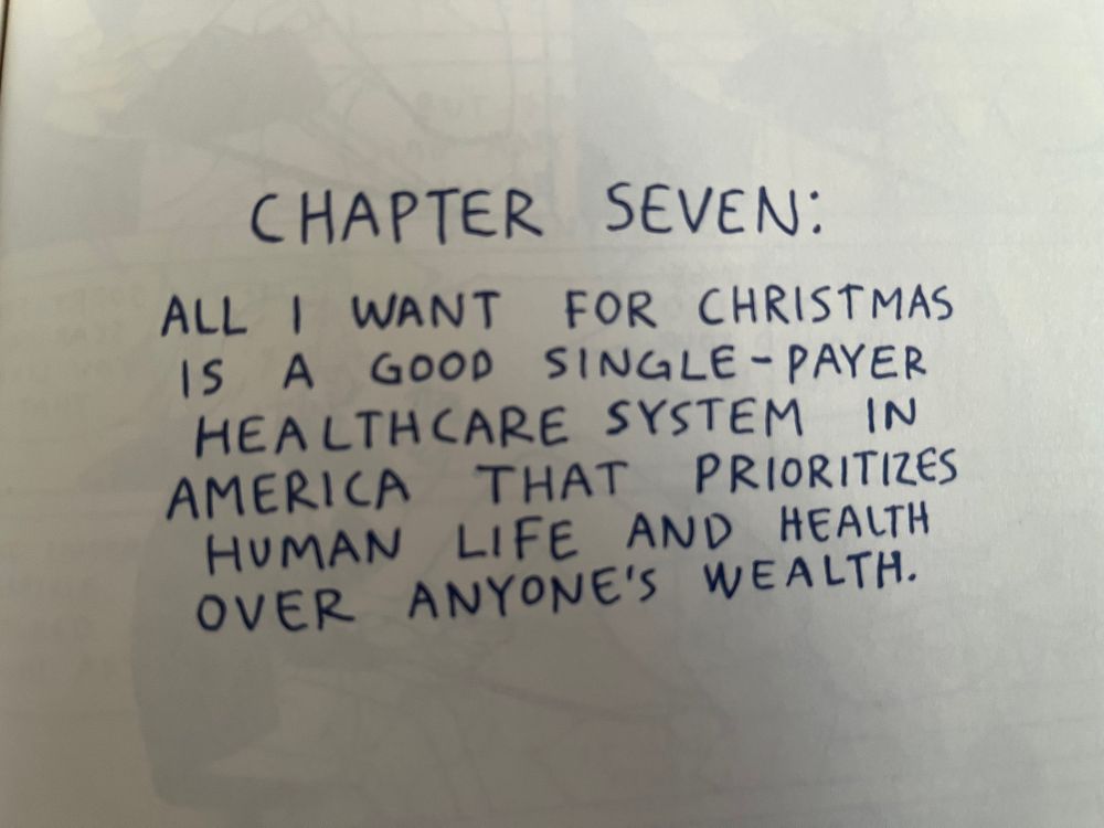 A photo of a chapter title in “Best Breasts in the West,” a graphic memoir by Trishelle Jeffrey. It reads: CHAPTER SEVEN: ALL I WANT IS A GOOD SINGLE-PAYER HEALTHCARE SYSTEM IN ANDY’S THAT PRIORITIZES HUMAN LIFE AND HEALTH OVER ANYONE’S WEALTH.