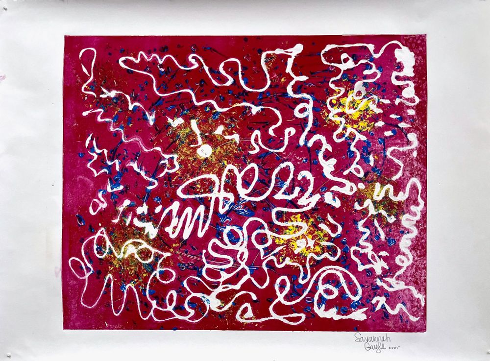 White squiggles crowd a bright pink color field, dotted with dustings of gold and blue in Savannah Gayle's "Abstract is Hard." 