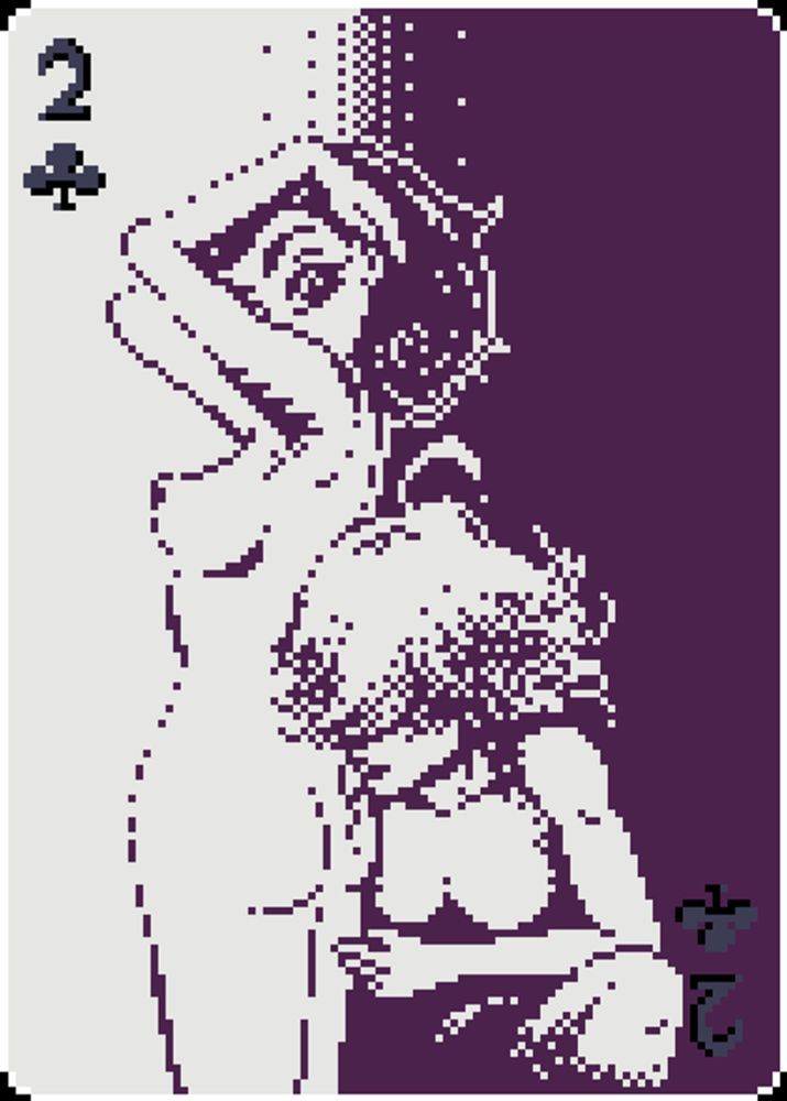 A one-bit, two-color nsfw pixel art piece, display like the illustration on a 2 of Clubs playing card. It features two nude femmes. One is standing in profile, her hands sweeping back through her shoulder-length hair, showing off a banana-shaped, up-swept sideboob and a small but perky butt; she is looking down at the second woman, who is kneeling, her face mostly obscured by feathery bangs, lapping her tongue up the first woman's buttcheek.
