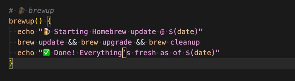 zshrc code:
brewup() {
  echo "🍺 Starting Homebrew update @ $(date)"
  brew update && brew upgrade && brew cleanup
  echo "✅ Done! Everything’s fresh as of $(date)"
}

