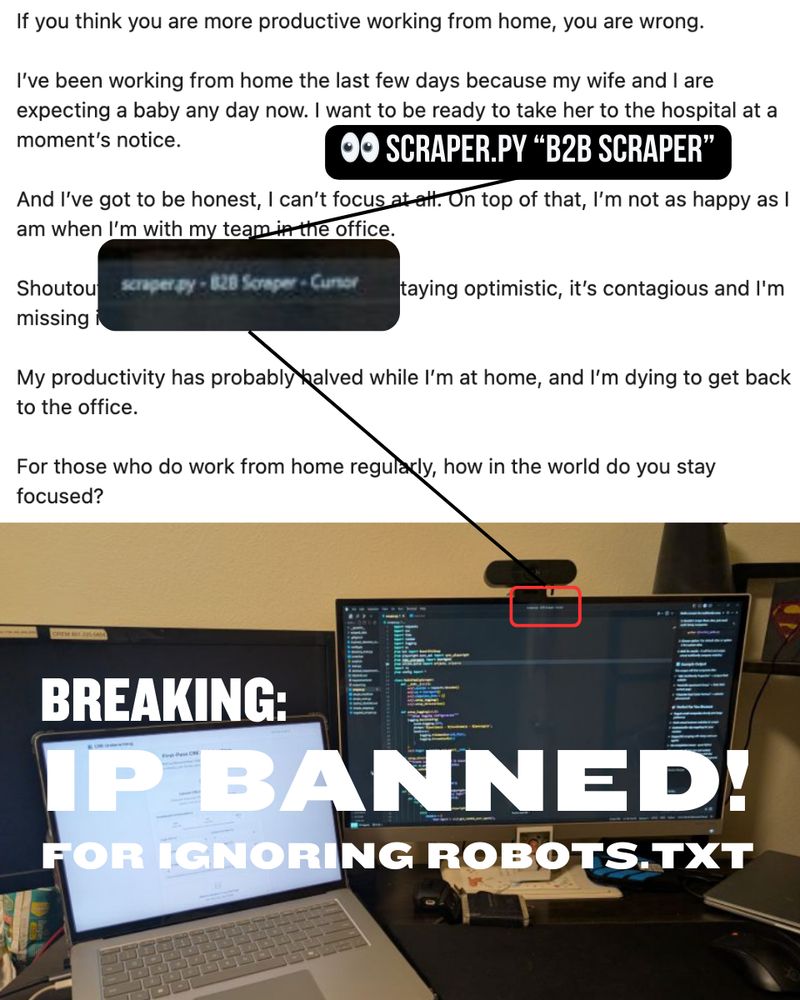 Guy vibe coding a scraper while posting to linkedin about how RTO rulez.