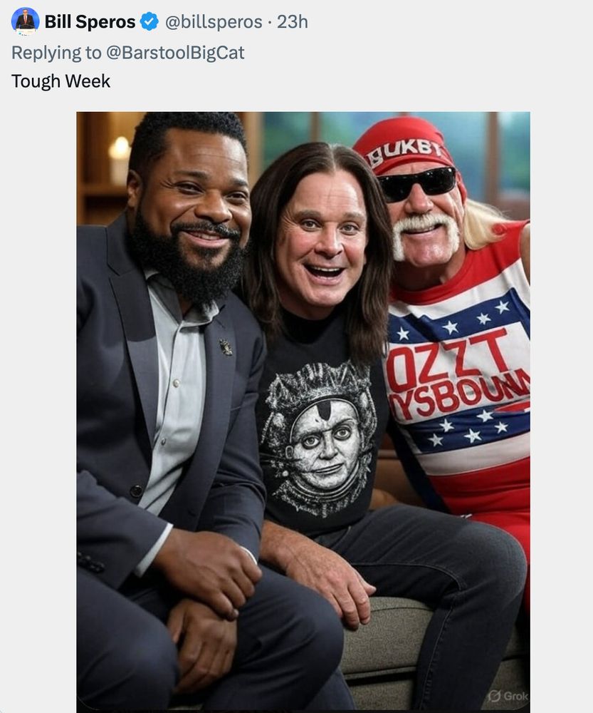 AI slop post with uncanny valley Malcom Jamal Warner, Ozzy Osbourn, and Hulk Hogan wearing a t-shirt that says "Ozz Ysbounn."