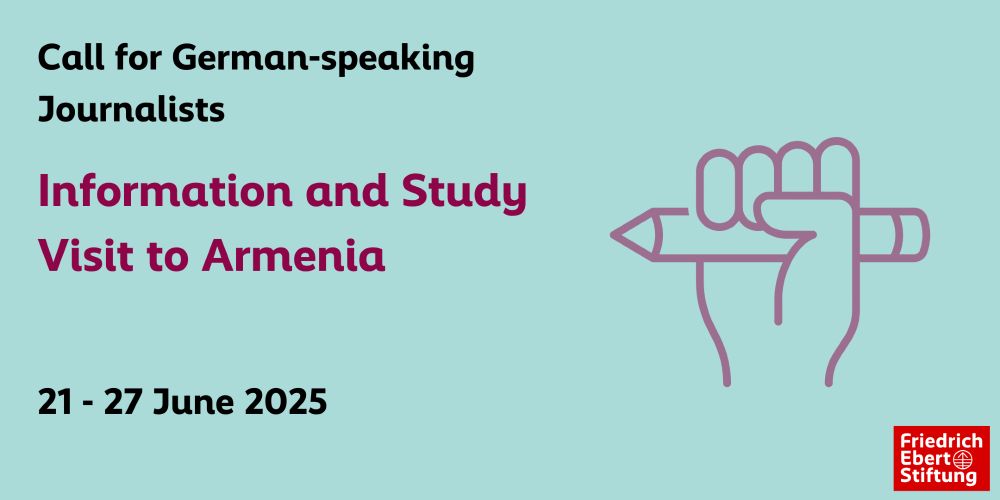 Icon einer Hand, die einen Stift hält.  Text: Call for German-speaking Journalists. Informations and Study Visit to Armenia, 21-27 June 2025. 