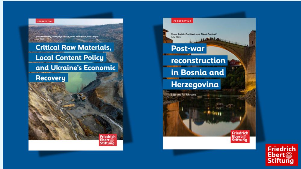 Zwei Publikationscover: “Critical Raw Materials, Local Content Policy and Ukraine’s Economic Recovery” sowie “Post-war reconstruction in Bosnia and Herzegovina. Lessons for Ukraine”.