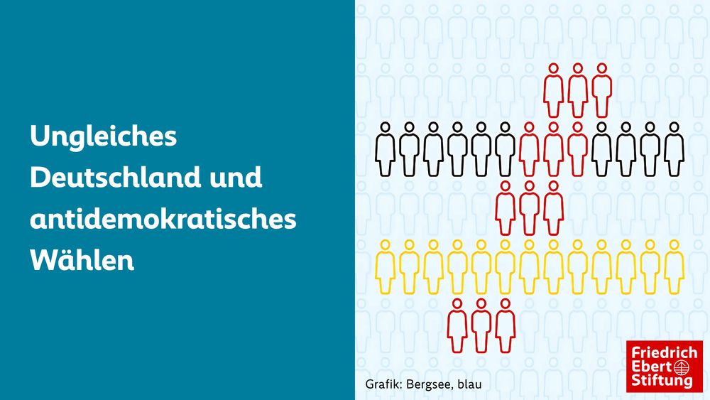 Ein mathematisches Ungleichheitszeichen, das aus vielen gemischt angeordneten Icons für Frau und Mann in den deutschen Nationalfarben Schwarz-Rot-Gold besteht. Dazu der Text: Ungleiches Deutschland und antidemokratisches Wählen.