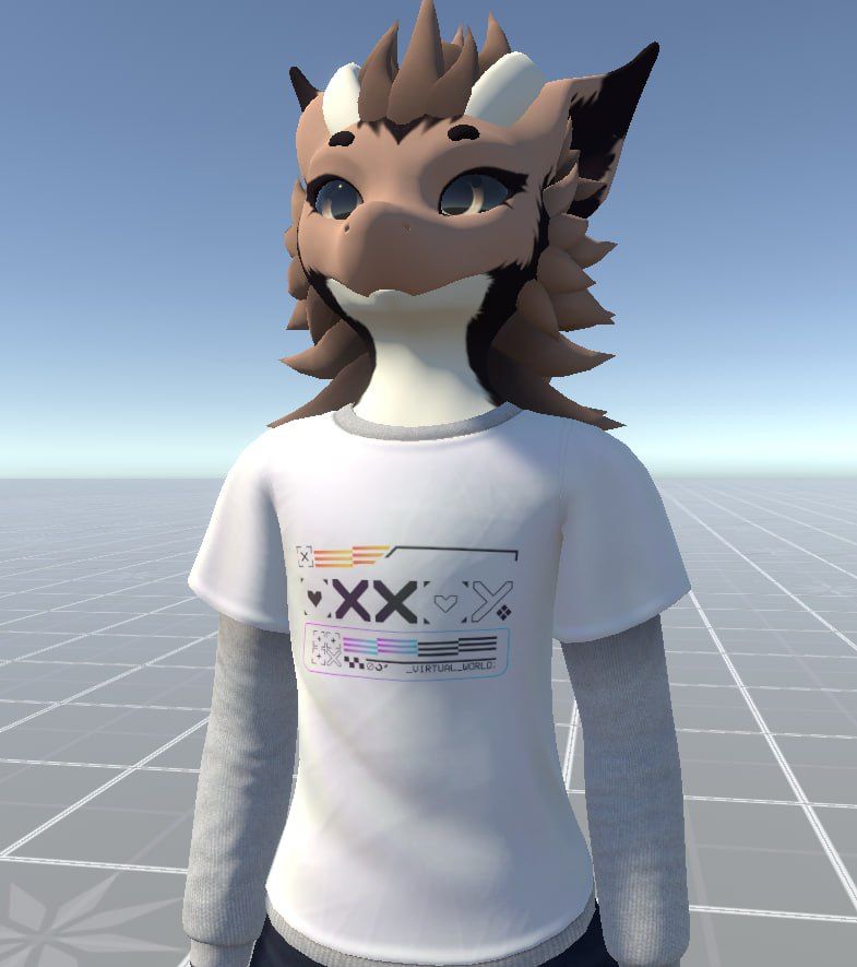 A nardoragon wearing a white shirt and sweater with a abstract design on it