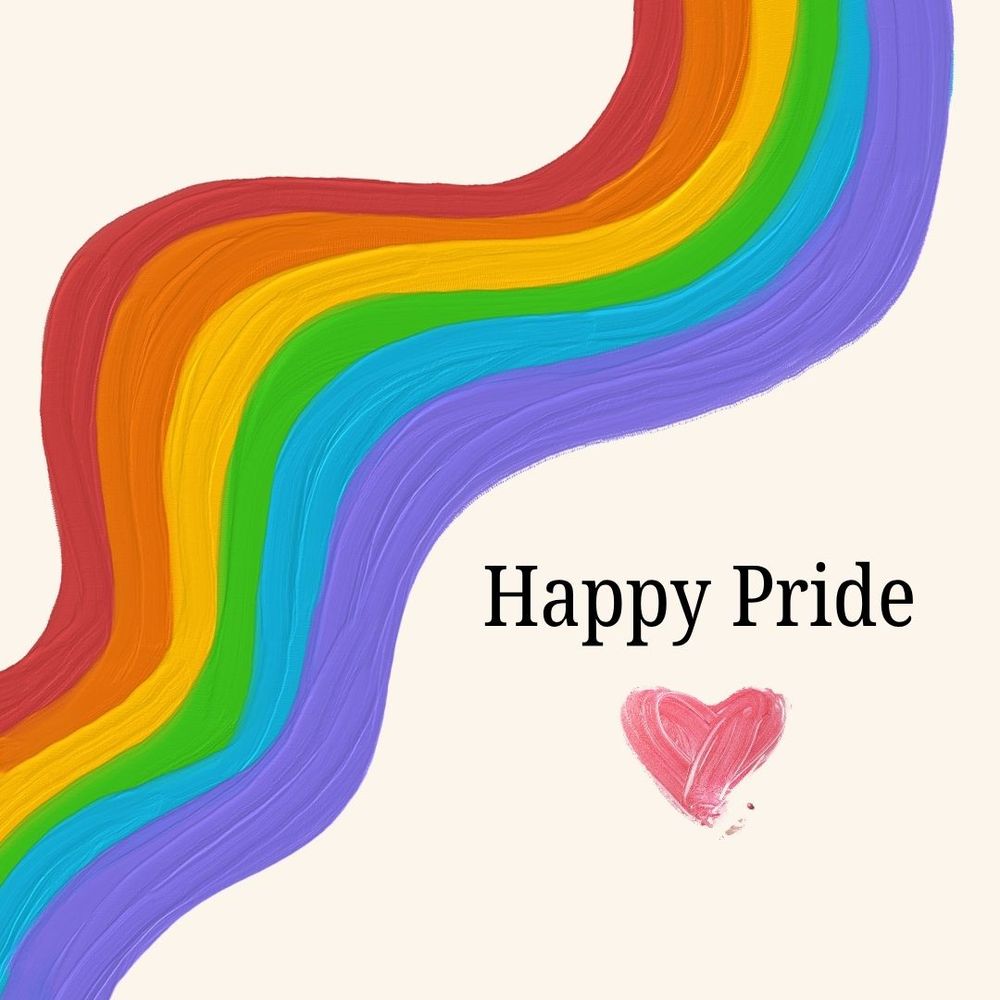 Image shows a rainbow going from the bottom left to the top right of the square. The rainbow looks like it was painted. To the right of the rainbow it says "Happy Pride" with a painted pink heart beneath it. 