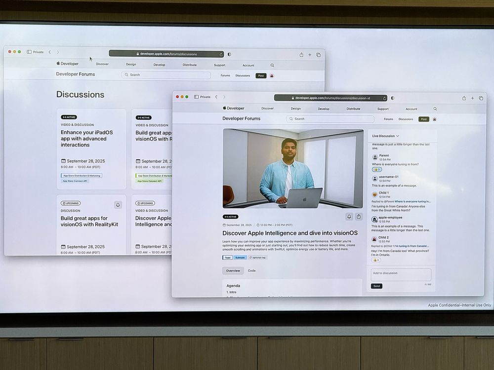 A preview screenshot of the Apple Developer Forums showing discussions happening. 