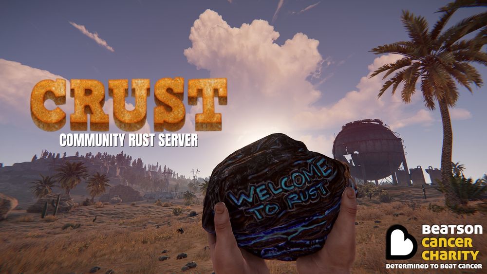 Rust desert in game with someone holding a rock that says 'welcome to rust'