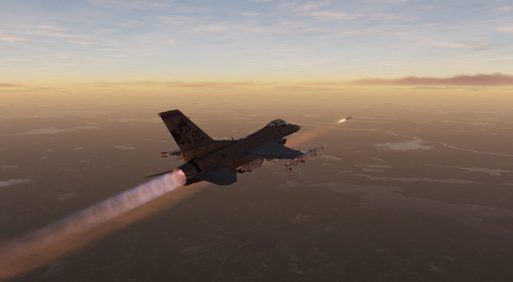F-16 firing a missile in DCS World game. Jenga teeth-bearing livery visible.