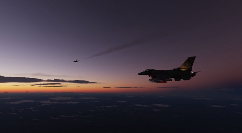 2x F-16s flying in DCS World game with a sunrise in the background. Jenga bearing-teeth livery barely visible.
