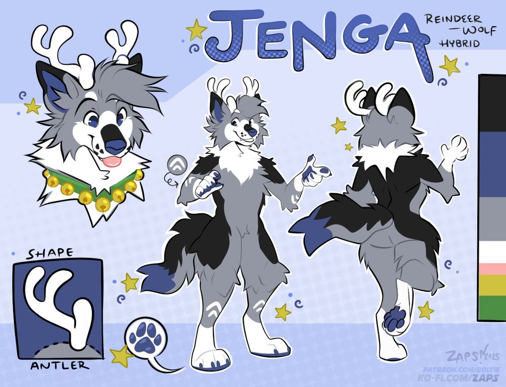 Reference sheet for reindeer-wolf hybrid: Jenga.