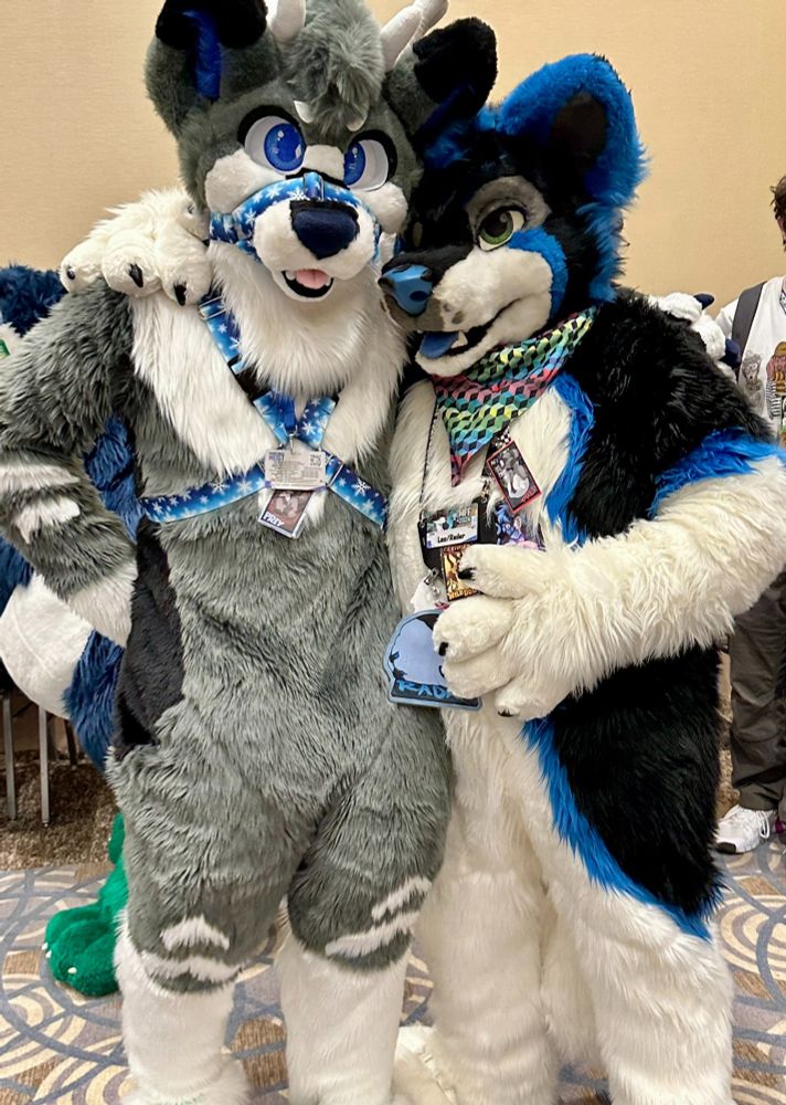 Fursuit photo of Leo and Jenga.