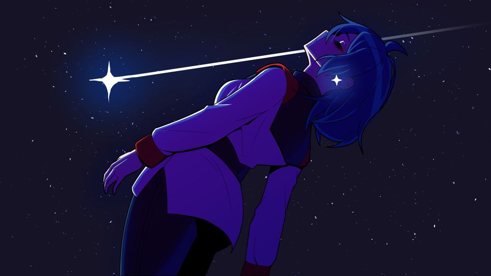 a girl in a white, and gray military uniform with red trimming. her four point star earring glows in response to a light shooting across the star lit sky.