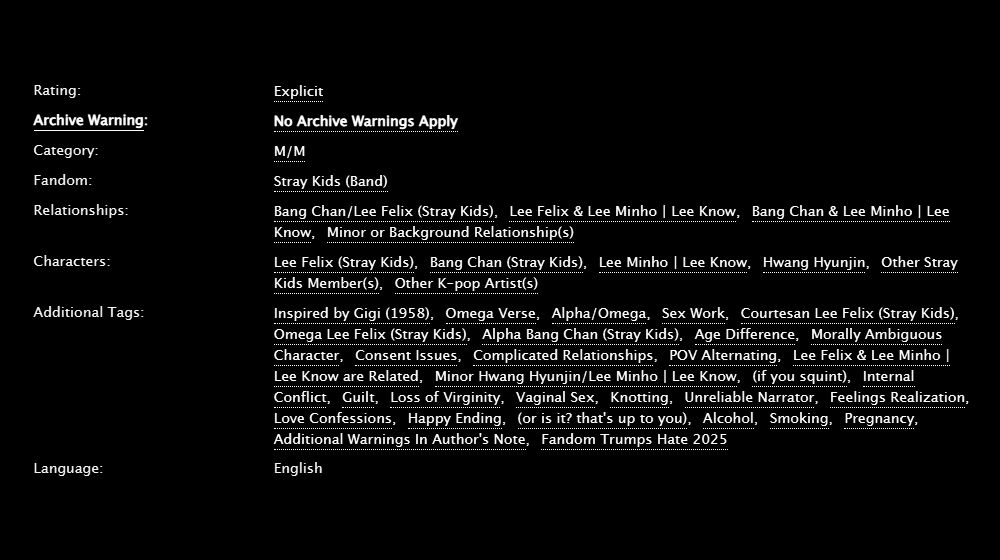 Rating: Explicit
Archive Warning: No Archive Warnings Apply
Category: M/M
Fandom: Stray Kids (Band)
Relationships: Bang Chan/Lee Felix (Stray Kids), Lee Felix & Lee Minho | Lee Know, Bang Chan & Lee Minho | Lee Know, Minor or Background Relationship(s)
Characters: Lee Felix (Stray Kids), Bang Chan (Stray Kids), Lee Minho | Lee Know, Hwang Hyunjin, Other Stray Kids Member(s), Other K-pop Artist(s)
Additional Tags: Inspired by Gigi (1958), Omega Verse, Alpha/Omega, Sex Work, Courtesan Lee Felix (Stray Kids), Omega Lee Felix (Stray Kids), Alpha Bang Chan (Stray Kids), Age Difference, Morally Ambiguous Character, Consent Issues, Complicated Relationships, POV Alternating, Lee Felix & Lee Minho | Lee Know are Related, Minor Hwang Hyunjin/Lee Minho | Lee Know, (if you squint), Internal Conflict, Guilt, Loss of Virginity, Vaginal Sex, Knotting, Unreliable Narrator, Feelings Realization, Love Confessions, Happy Ending, (or is it? that's up to you), Alcohol, Smoking, Pregnancy, Additional Warnings In Author's Note, Fandom Trumps Hate 2025
Language: English