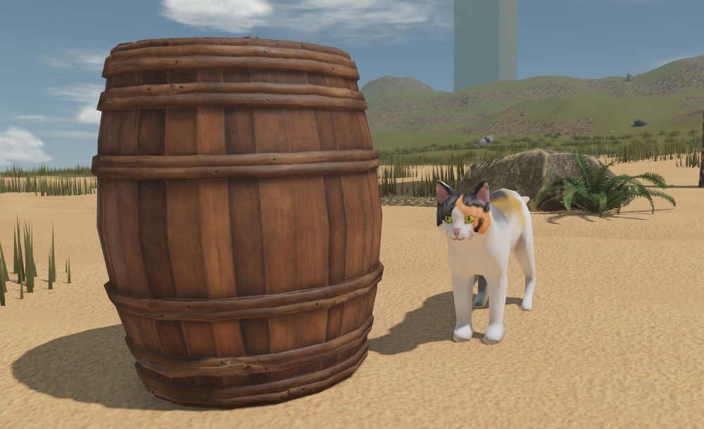 A calico cat standing next to a barrel on a tropical island