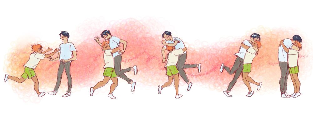 A sequence of drawings depicting hinata shoyo running up to kageyama tobio and spinning him around.