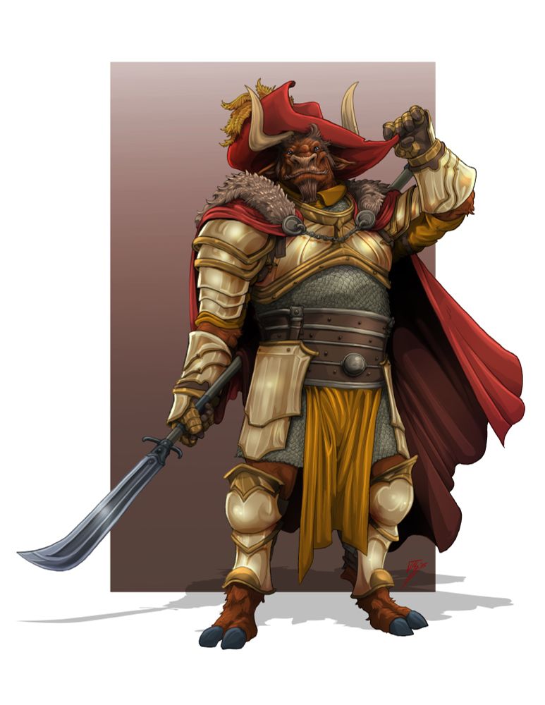 A Minotaur with brown fur wearing plate armor with a wide floppy hat with a feather, and a red cloak