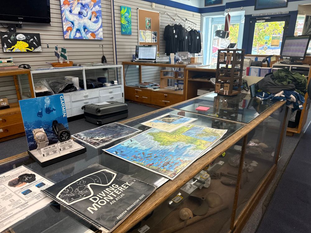 A five shop counter with a well loved copy of Diving Monterey on top