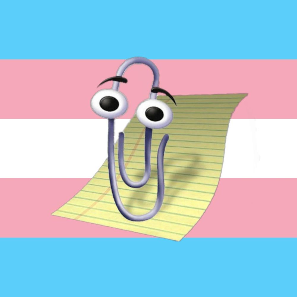 clippy, the microsoft paperclip with eyes with a trans flag in the background
