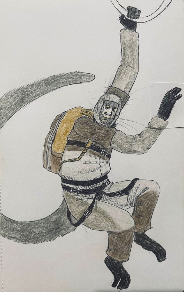 Traditional drawing of a monkey like man with a tail hanging from a wire with one hand 
