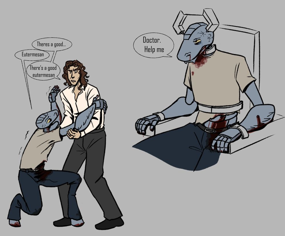 Digital drawing of C’rizz from doctor who in the story Something Inside, where he’s being tortured, and afterwards when the doctor helps him up. 