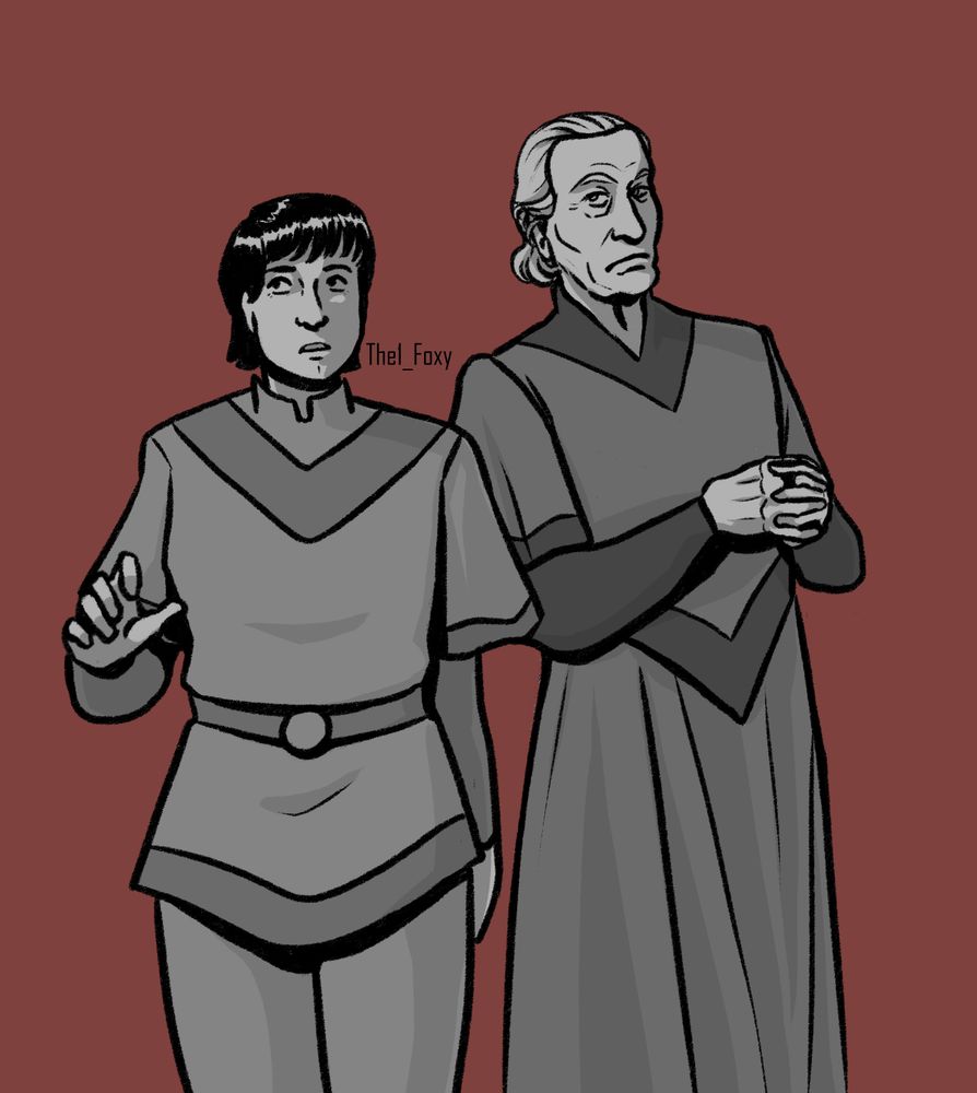 Digital drawing of Susan Forman and the first doctor both wearing timelord clothing