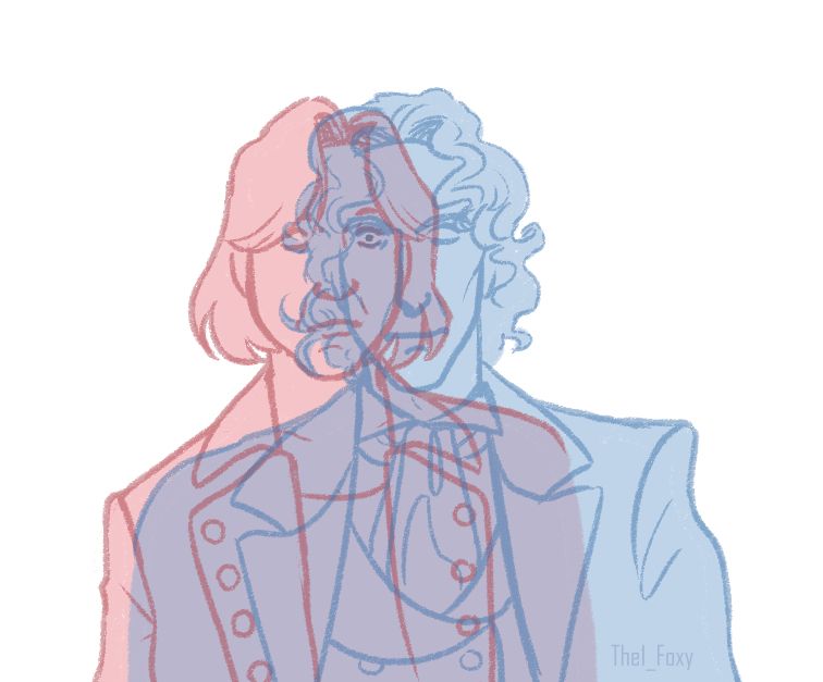 Digital drawing of Charley and the 8th doctor facing the viewer. The drawings are overlapping at 50% opacity so they merge into each other. At the point where their eyes overlap is a pupil, where it's missing on their individual eyes. 