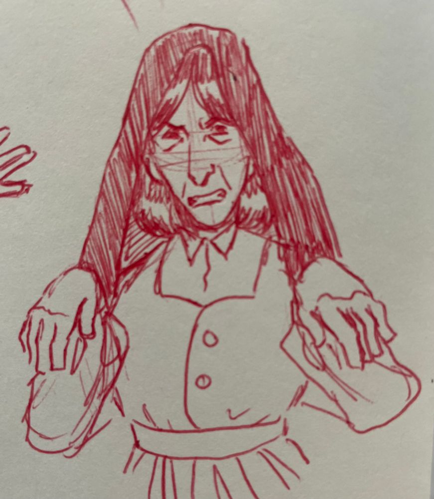 Ball point pen sketch of the meddling nun looking disgruntled 