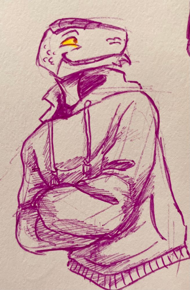 Sketch in pink ball point pen of C’rizz smiling with his arms crossed wearing a hoodie 