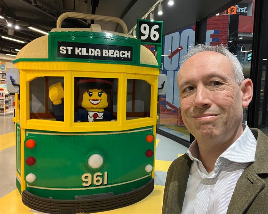 Daniel with a large Lego W-class tram, showing route 96 to St Kilda Beach.