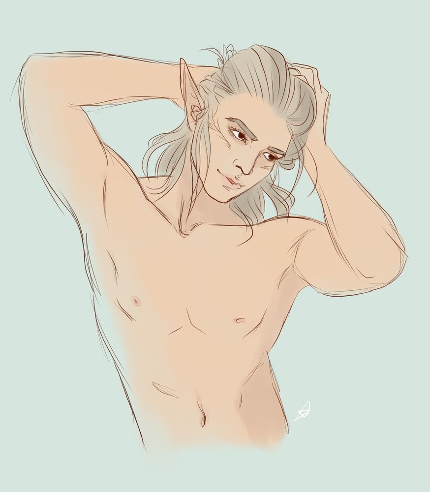 An elven Rook named Firion. He has long blond hair that he's putting up in a bun. He's shirtless and looking at someone off-screen with a cheeky smile (probably his lover Lucanis after they spent the night together?)