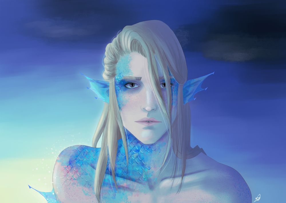 Picture of the playable character Rook from the game Dragon Age The Veilguard reimagined as a merman for mermay. He has long blond hair and turquoise and pink scales and blue fins. His elf ears have blue fins as well.