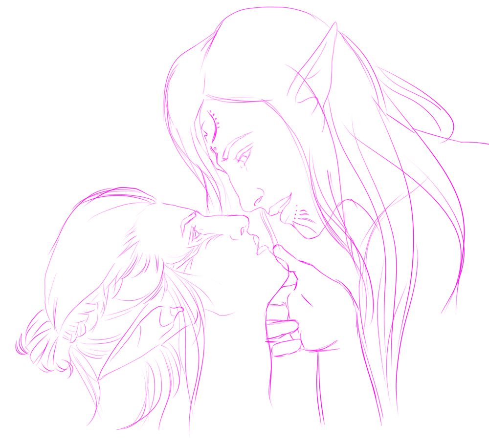 A sketch of two elven Rooks Firion (left) and Spencer (right). Spencer is tipping up Firion's chin with a smug expression. Firion is looking up at him and is visibly flustered (who can blame him?)
