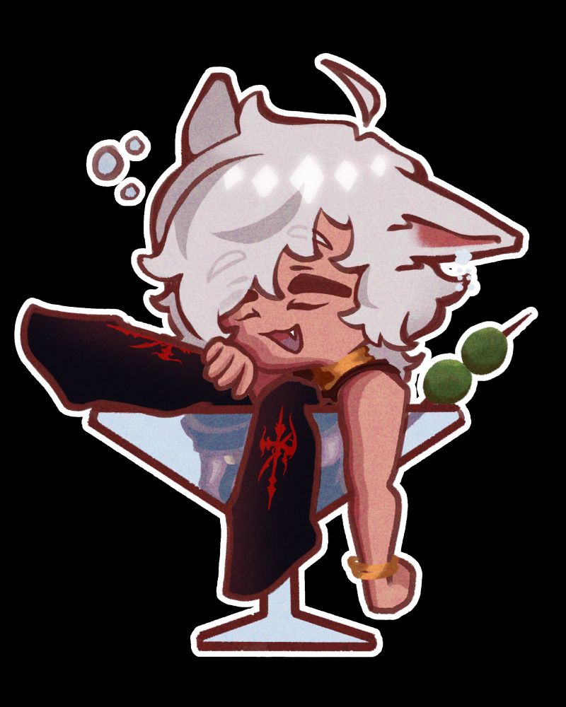 a chibi version of a miqo'te warrior of light (catboy player character from FFXIV) chilling in a glass, drunk. there's also a stick with olives behind him, but no alcohol. one would think he drank it all!