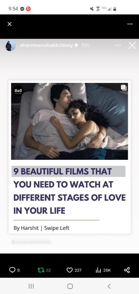 Sharmeen Obaid Chinoy's instagram story where she shared an article about "9 Beautiful Films That You Need To Watch At Different Stages Of Love In Your Life." Featuring a screenshot of Adam Driver from the movie "Paterson" in the thumbnail. 