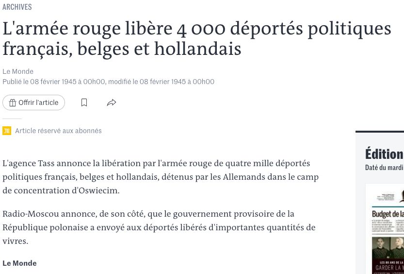 Article du Monde du 8 février 1945 : L'armée rouge libère 4 000 déportés politiques français, belges et hollandais