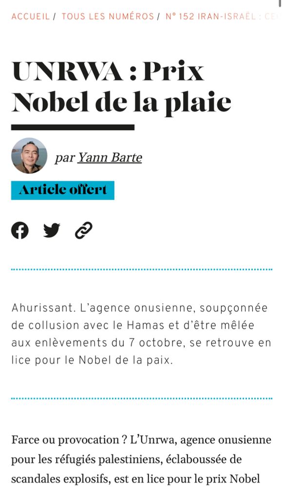 Article Franc Tireur dénigrant l'UNRWA