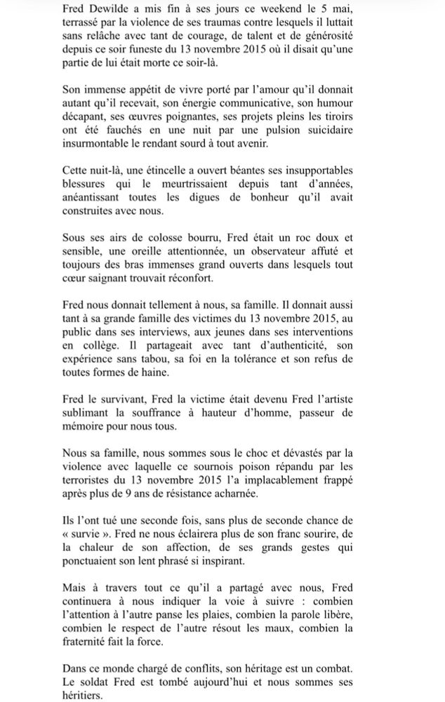 Communiqué de sa famille annonçant le suicide de Fred Dewilde.
